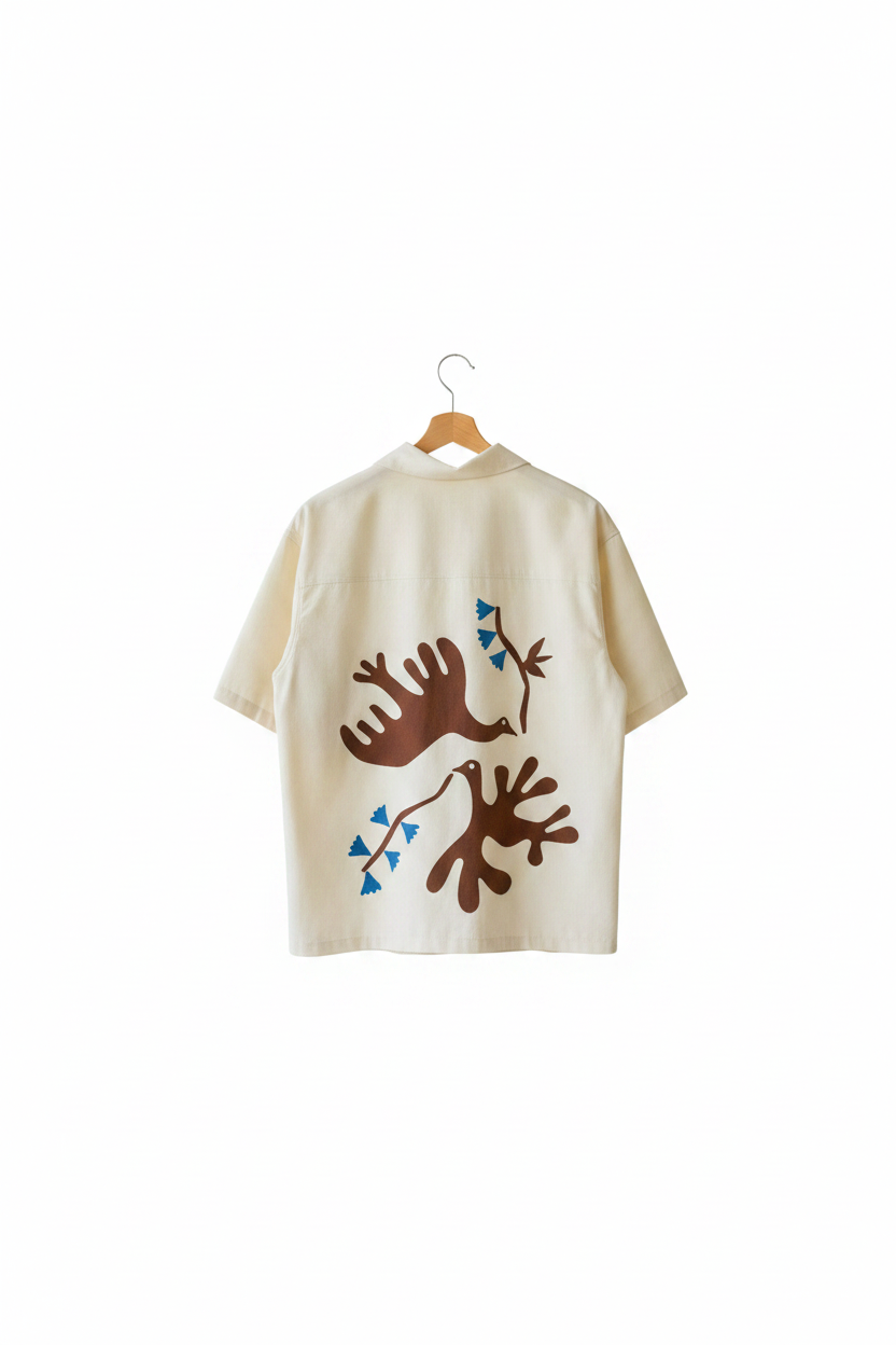 Dos chemise Oiseaux du Jacaranda sur fond blanc